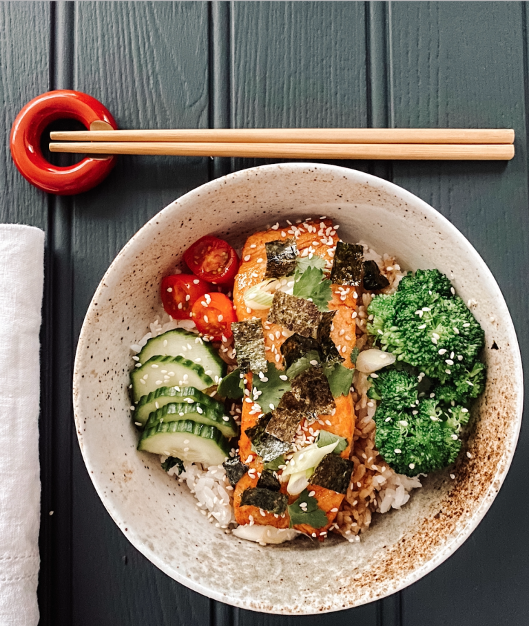 Salmon Teriyaki Donburi With Vegetables Sesame And Roast Nori Daffodil Kitchen