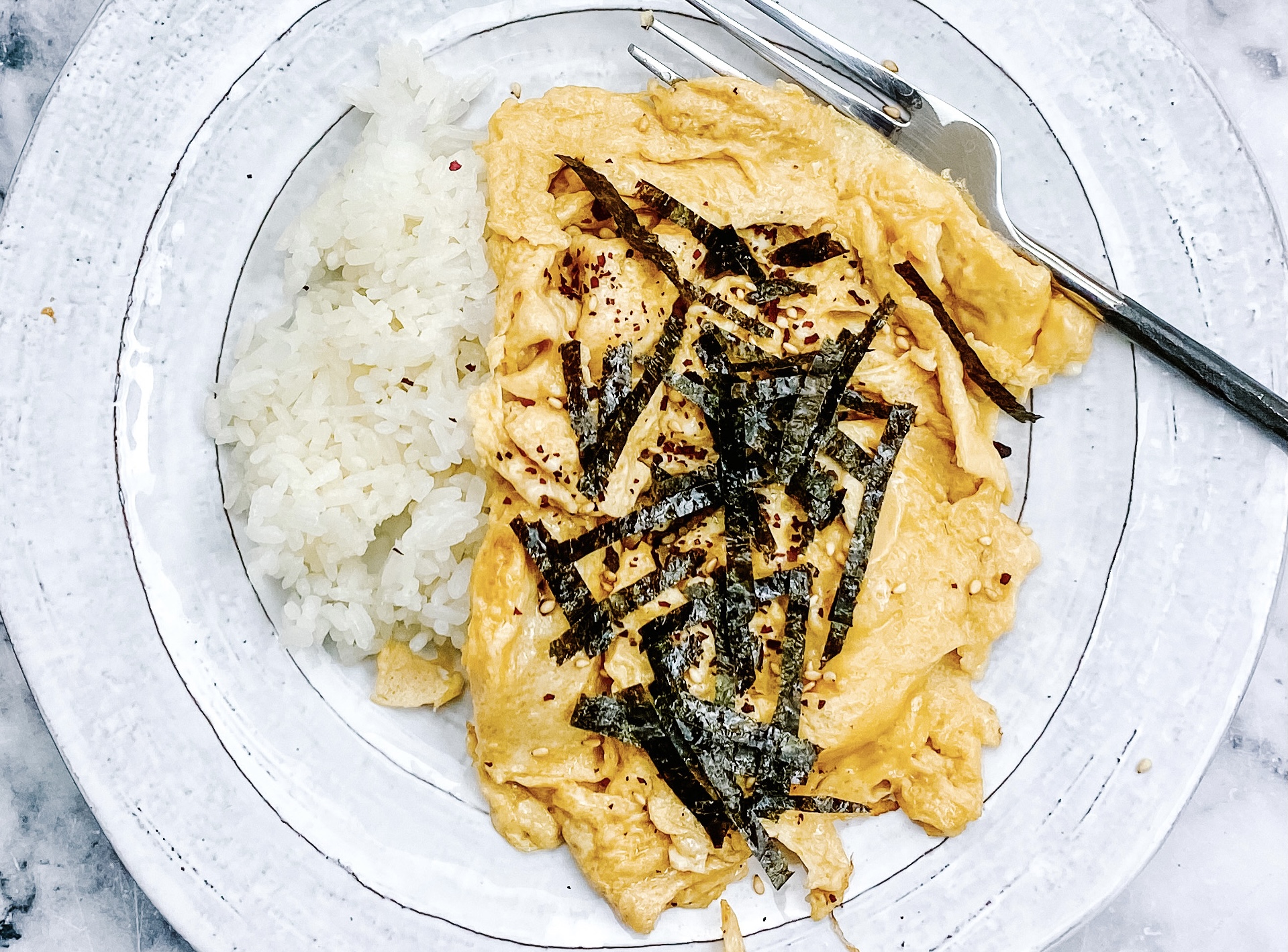 Japanese Scrambled Eggs With Sticky Rice Smoked Dulse And Roast Nori