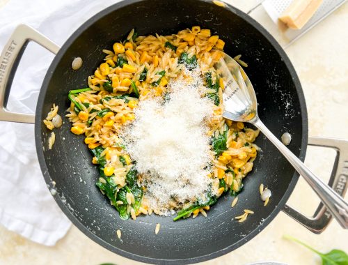 Photograph of One-pot Sweetcorn and Spinach Orzo with Garlic Butter and Black Pepper